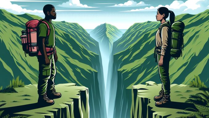Disparities between C-suite and practitioners Gap between two people illustrating the disparities in views on generative AI, according to new industry research by Publicis Sapient.