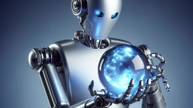 Purpose-driven models, human integration, and more Bot holding a crystal predictions ball illustrating an article with AI leaders and experts setting out the key trends for the future of the artificial intelligence industry in 2025.