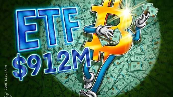 Bitcoin ETFs log $912M inflows in ‘dramatic’ investor sentiment boost