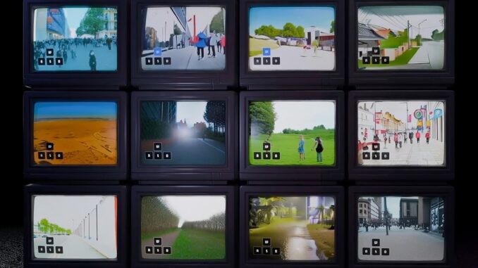Screenshot of virtual TVs as London-based AI lab Odyssey launches a research preview of a model transforming video into interactive worlds.