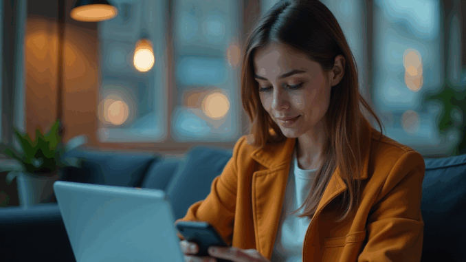 A Lady Using Smartphone and a Laptop