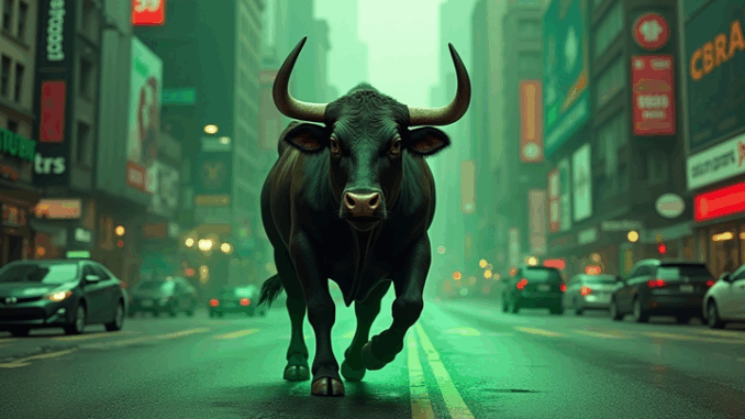 A Strong Bull Roaming in the City in a Green Atmosphere